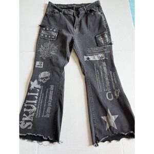 SHEIN Men's Black Skater Goth Skull Jeans  Size 34-36 Raw Edge